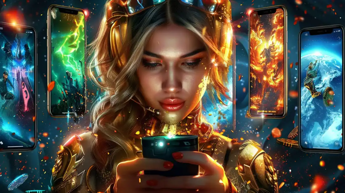 Mulher futurista com headset usando celular em cenário digital.