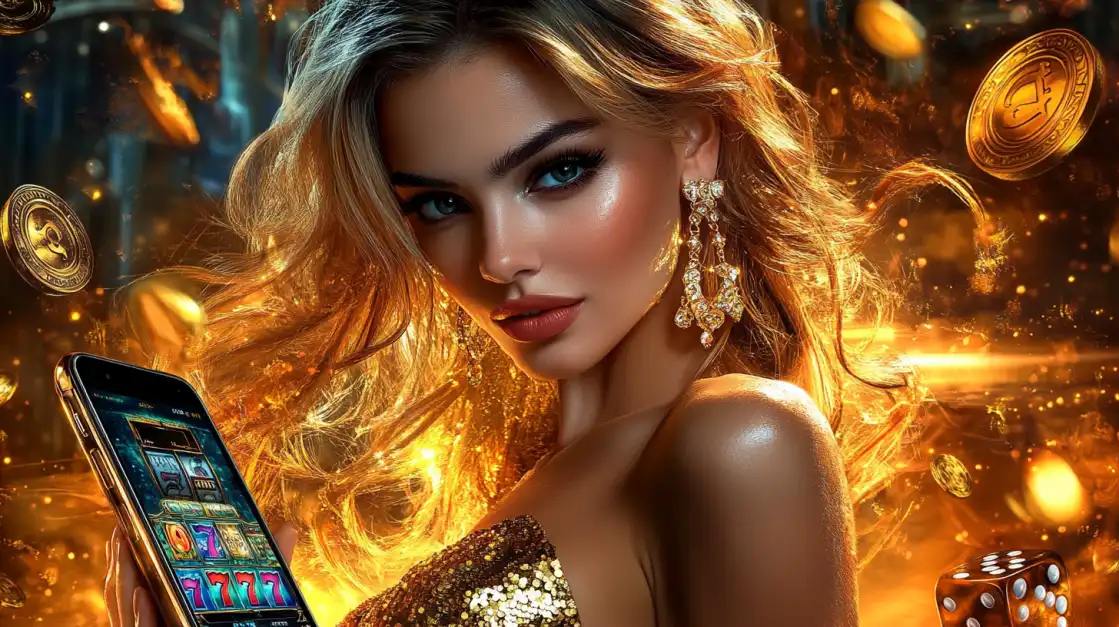 Mulher loira com fundo dourado segurando celular com jogo de slot.