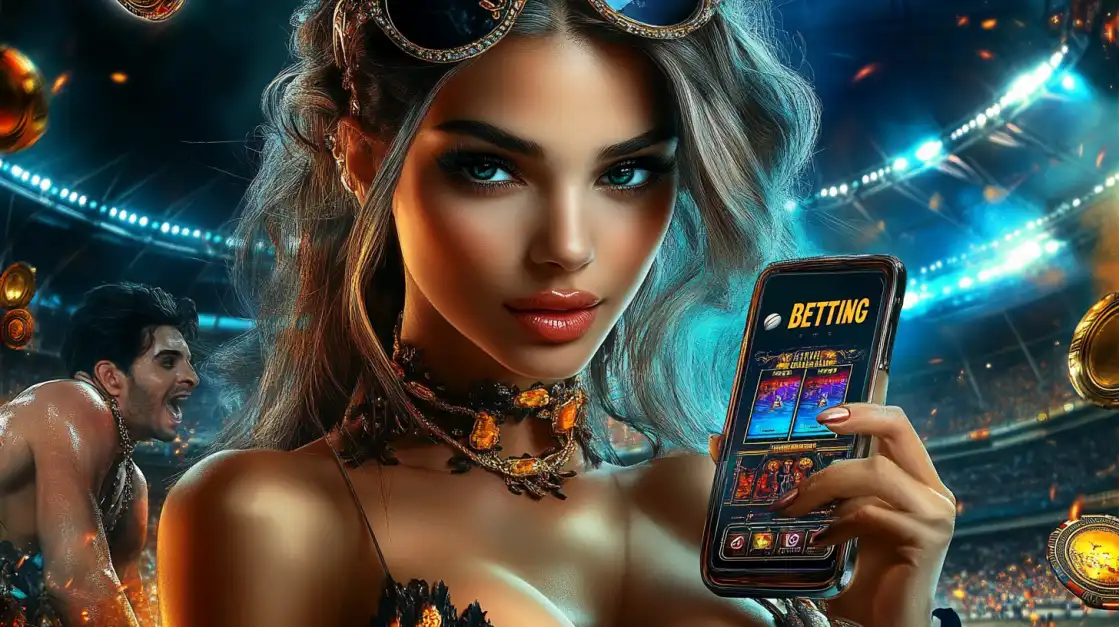 Mulher segurando celular com tela de apostas em estádio iluminado.