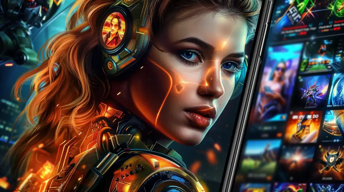 mulher futurista com interface de jogo digital