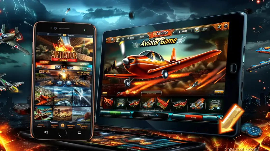 jogo Aviator em dispositivos móveis e tablet com fundo de batalha aérea