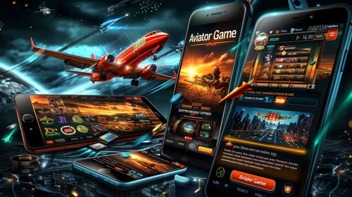 jogo Aviator exibido em múltiplos celulares com avião em destaque