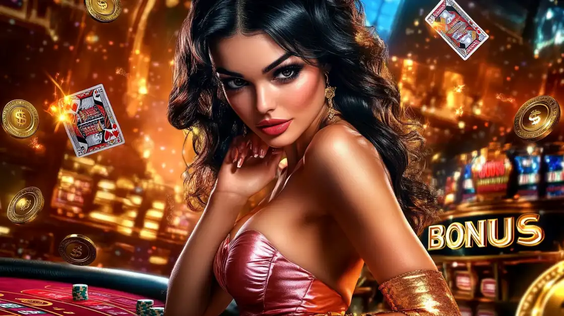 Mulher glamourosa em cassino cercada por moedas e cartas de baralho com letreiro BONUS.