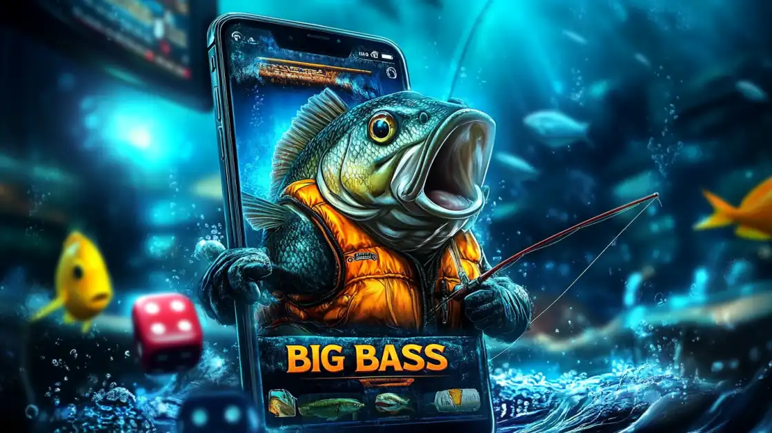 Peixe saltando de celular com colete salva-vidas e vara de pesca no fundo do mar, com o nome Big Bass.