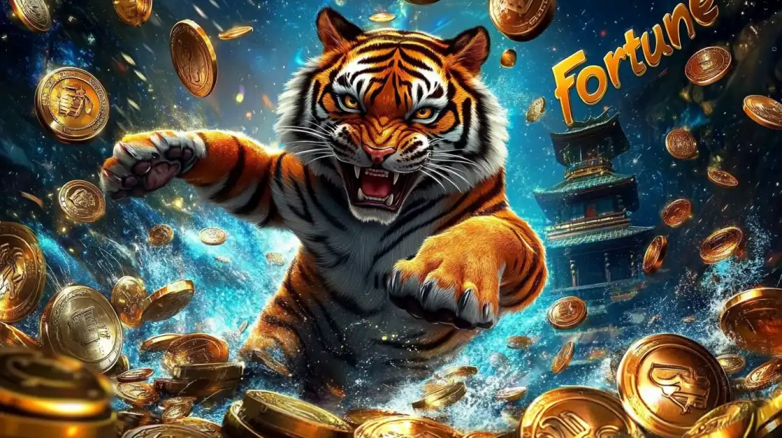 Tigre saltando entre moedas douradas com templo asiático ao fundo e a palavra Fortune.