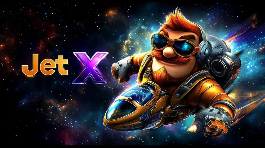 Homem com óculos de sol voando no espaço com traje futurista e nave com o nome Jet X.
