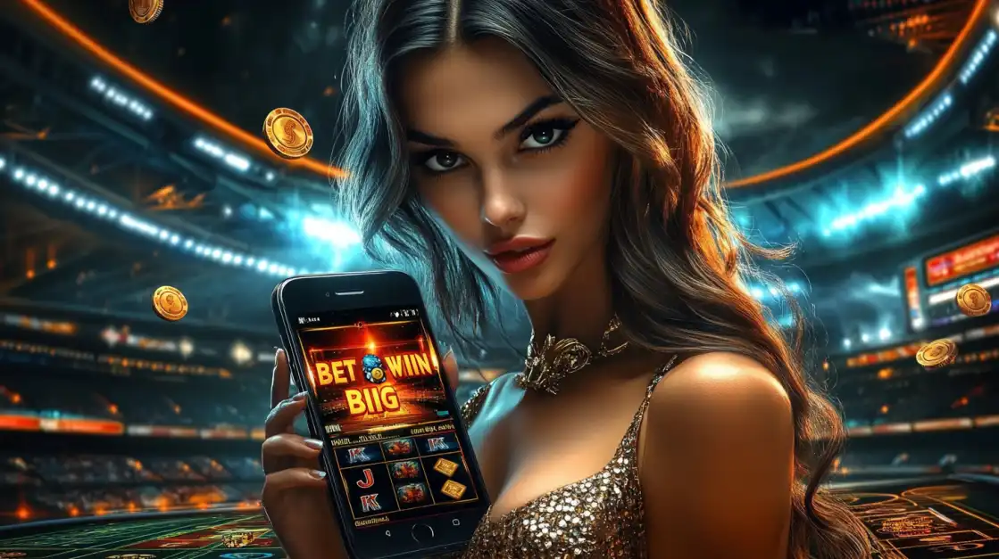 mulher segurando celular com jogo de apostas no estádio