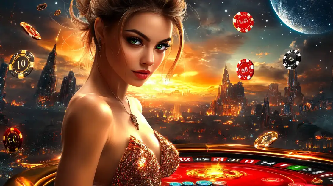 mulher elegante em mesa de roleta com cidade futurista ao fundo