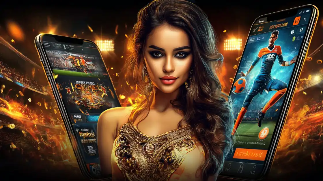 Mulher glamourosa entre dois celulares com apostas esportivas ao fundo.