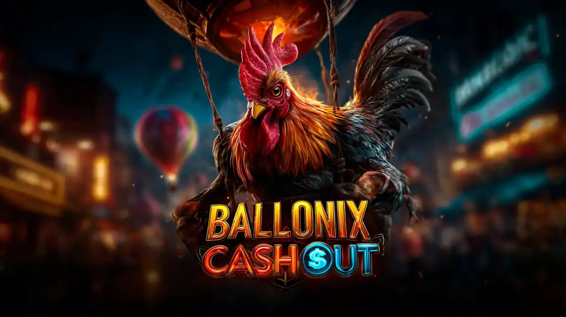 Galo em um balão de ar quente voando pela cidade à noite com letreiro Ballonix Cashout.