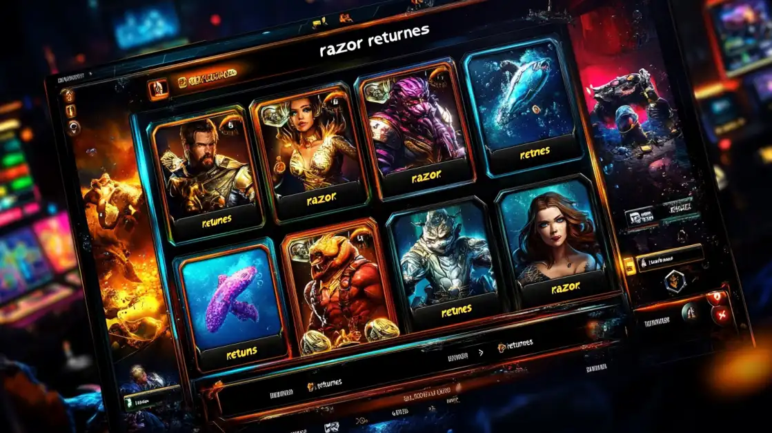 Tela de jogo de caça-níquel com personagens aquáticos e tema futurista chamada Razor Returns.