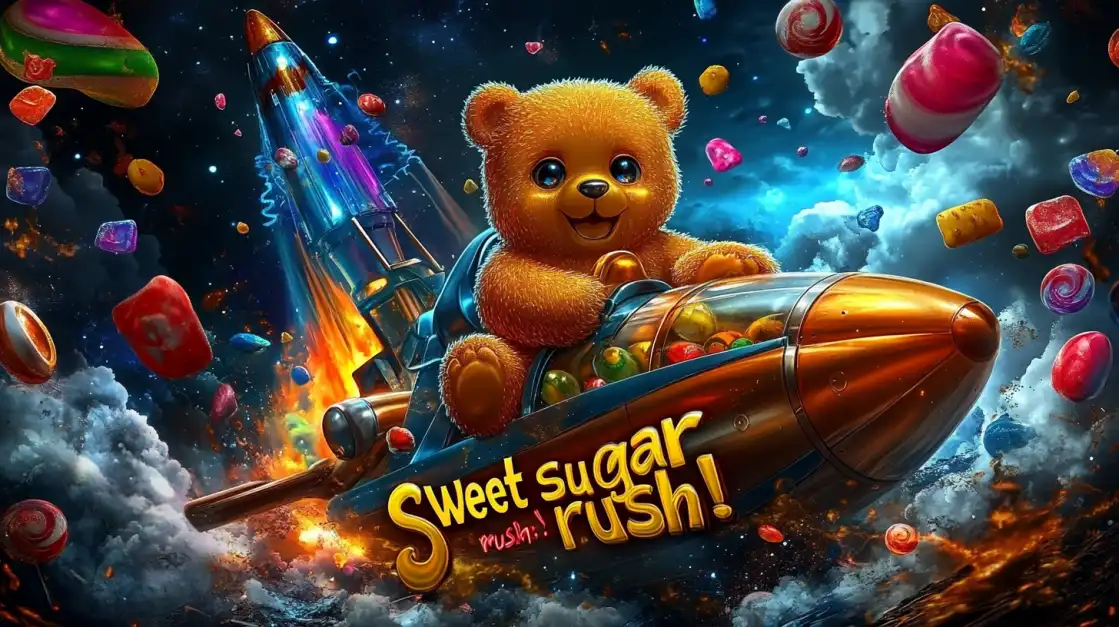 Urso de pelúcia pilotando foguete cheio de doces no espaço com o nome Sweet Sugar Rush.