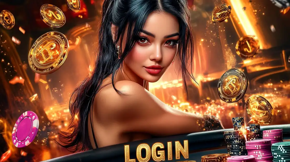 Mulher com cabelo preto cercada por moedas e fichas de cassino.