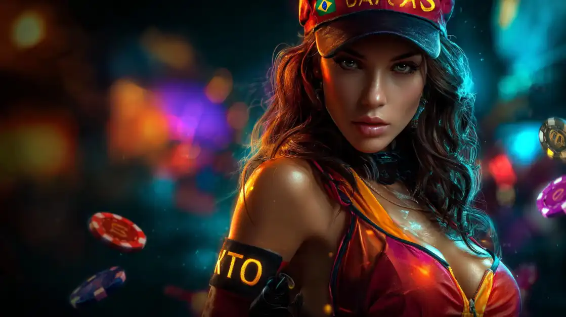 Mulher com boné em ambiente noturno com fichas de pôquer flutuando.
